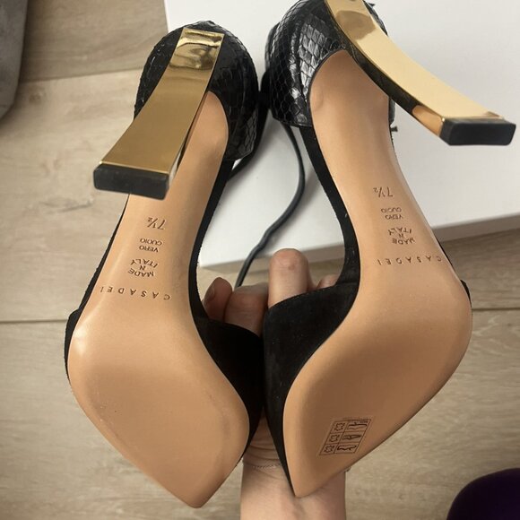 Casadei Pump Ankle Wrap Black Suede Leather Gold Heel - Picture 3 of 7